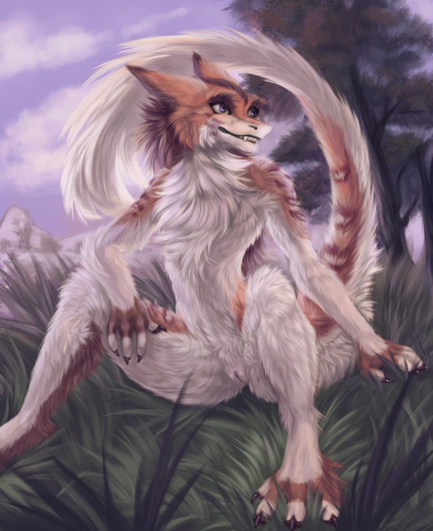 anthro casual_nudity cheek_tuft chest_tuft claws digital_drawing_(artwork) digital_media_(artwork) facial_tuft fangs female fur genitals grass happy hi_res mountain nature nude on_ground outdoor_nudity outside paws plant pussy sergal sitting smile solarflare02 solo spread_legs spreading tail teeth tree tuft white_body white_fur