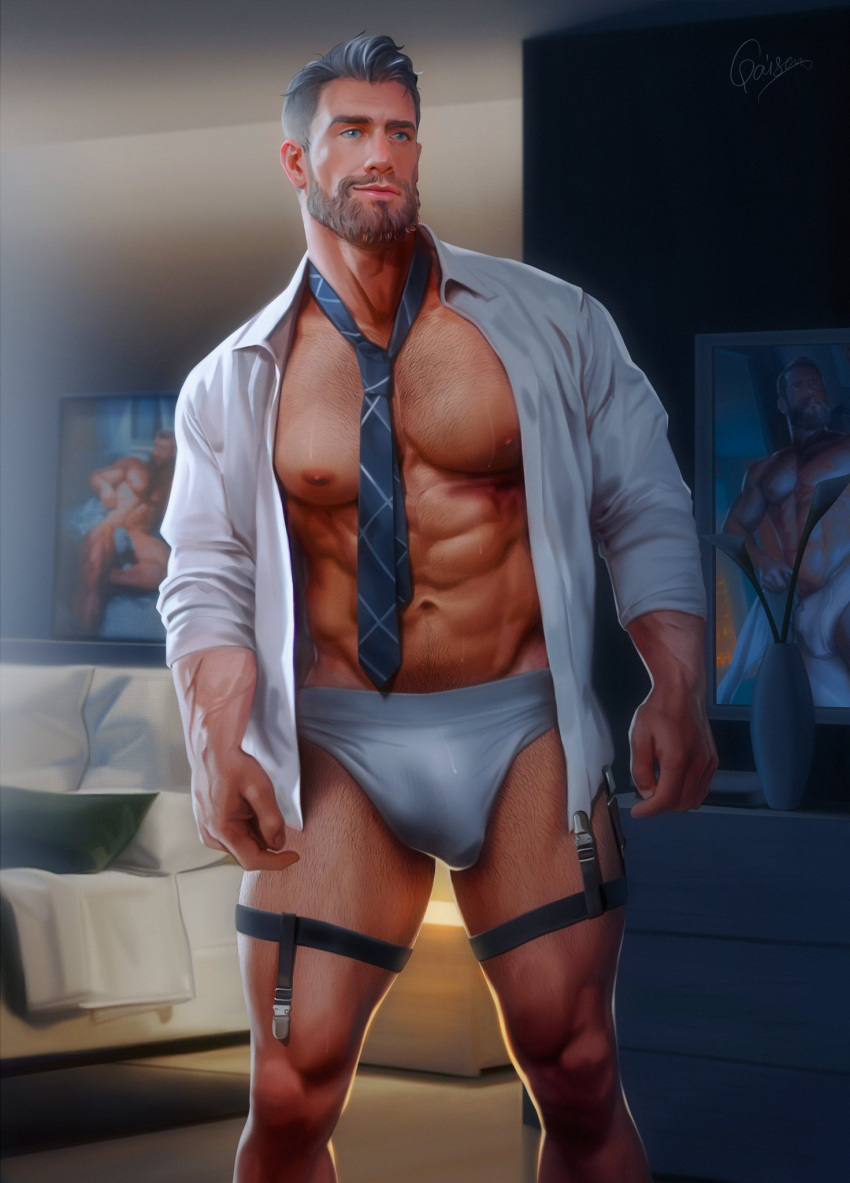 abs big_bulge bulge daddy dilf garter_straps hairy_chest huge_bulge male male_only muscles muscular muscular_male necktie open_shirt pecs penis_outline qai_san silver_fox thick_thighs underwear