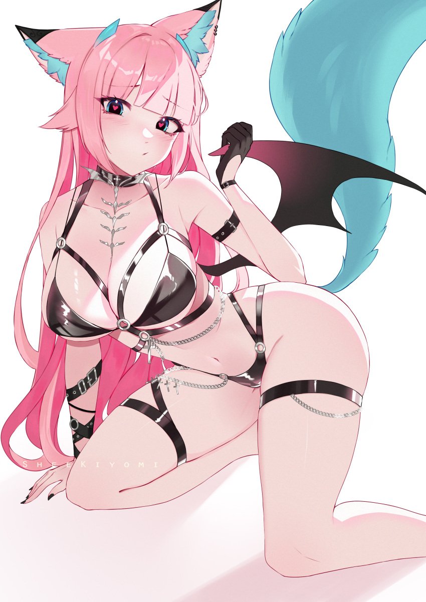 1girls animal_ears belly_button black_glove black_nails blue_eyes blush breasts cleavage eyebrows_visible_through_hair female female_only fox_ears fox_girl fox_tail glove heart-shaped_pupils huge_breasts light-skinned_female light_skin pink_hair shee_kiyomi sheekiart solo symbol-shaped_pupils tail wing