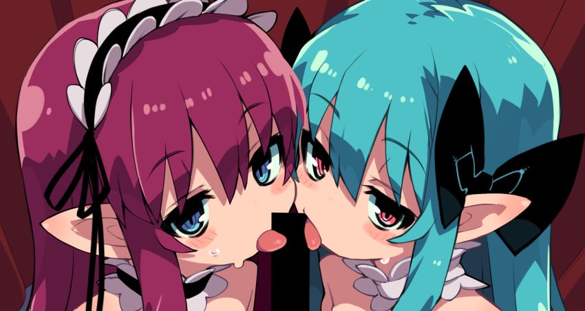 1boy 2girls absurdres bar_censor beri_(zankuro) black_bow black_choker black_ribbon blue_eyes blue_hair blush_stickers bow censored choker commentary_request cooperative_fellatio cropped fellatio frilled_choker frills hair_between_eyes hair_ribbon hairbow highres licking licking_penis long_hair long_pointy_ears looking_at_viewer maid_headdress multiple_girls oral original paid_reward_available penis pink_hair pointy_ears red_eyes ribbon seri_(zankuro) sidelocks sweat tongue tongue_out white_choker zankuro