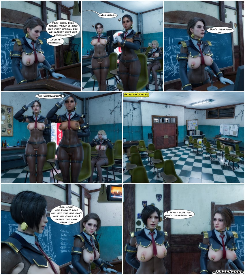 3d 5girls ada_wong ashley_graham blender blender_cycles breasts capcom claire_redfield comic cover eye_contact female female_only heels jill_valentine kazehiro nipple_rings resident_evil resident_evil_2_remake resident_evil_5 sheva_alomar strauzek