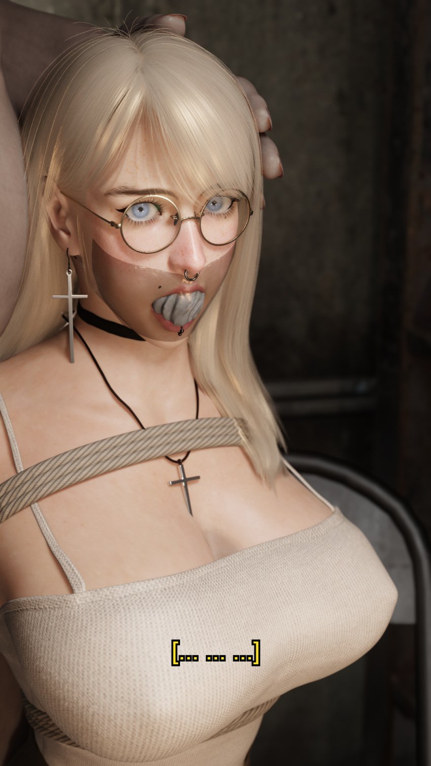 1boy 1girls 3d 3d_(artwork) black_choker blender blender_eevee blonde_hair blue_eyes bondage bound bound_ankles bound_wrists captured choker clear_tape collar cross_earrings cross_necklace english_text fat_man gag gagged glasses grace_(osimai) hand_on_head helpless huge_breasts kidnapped lip_piercing looking_at_viewer mouth_stuffed nose_piercing nose_ring original_character osimai out_of_focus pleated_skirt rope rope_bondage skirt tank_top tape tape_gag text ugly_bastard ugly_man