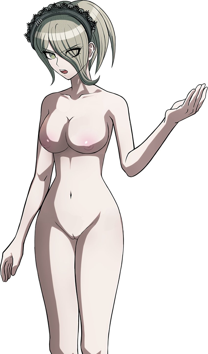 big_breasts breasts completely_nude completely_nude_female danganronpa danganronpa_s:_ultimate_summer_camp danganronpa_v3 edit female green_eyes green_hair hair_over_one_eye headdress human kosine1777 maid_headdress nipples nude_filter offering open_mouth pussy short_hair sprite sprite_edit tagme tongue toujou_kirumi transparent_background upper_teeth