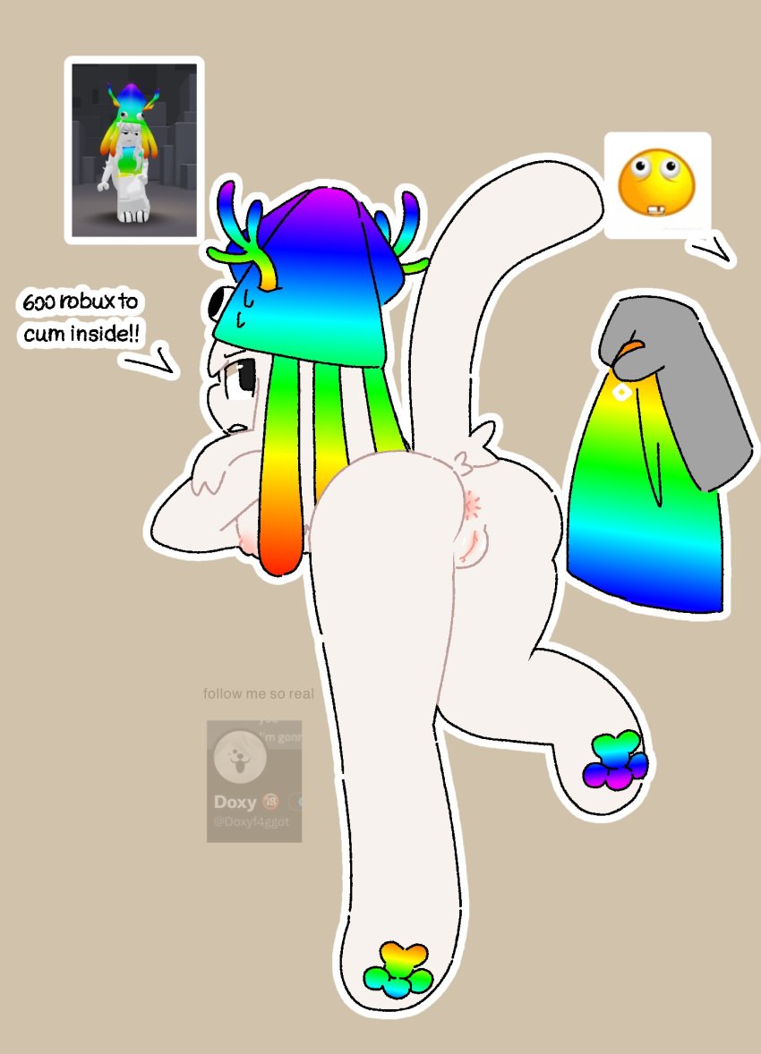 annoyed_expression anthro antlers clothes_removed doxy__foxy00 female from_behind hi_res holding_clothes ibispaintx paws pussy rainbow_hat roblox roblox_avatar robloxian text white_hair white_skin white_tail