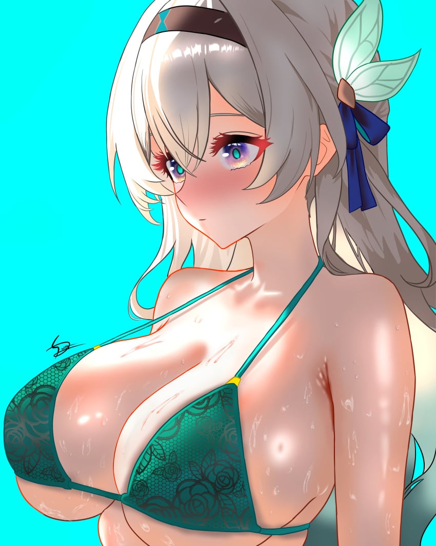 absurdres bikini blue_background breasts dfswift female firefly_(honkai:_star_rail) green_bikini grey_hair highres honkai:_star_rail honkai_(series) large_breasts long_hair purple_eyes simple_background solo swimsuit upper_body