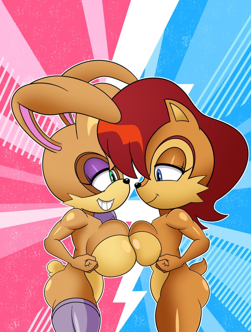 absurd_res anthro archie_comics big_breasts blue_eyes bovid breast_squish breasts brown_body bunnie_rabbot caprine chipmunk cybernetics duo featureless_breasts female female/female green_eyes grin ground_squirrel hair hi_res lagomorph leporid long_ears machine mammal mobianmonster rabbit red_hair rodent sally_acorn sciurid sega sheep smile sonic_(series) sonic_the_hedgehog_(archie) sonic_the_hedgehog_(comics) sonic_the_hedgehog_(series) squish tail