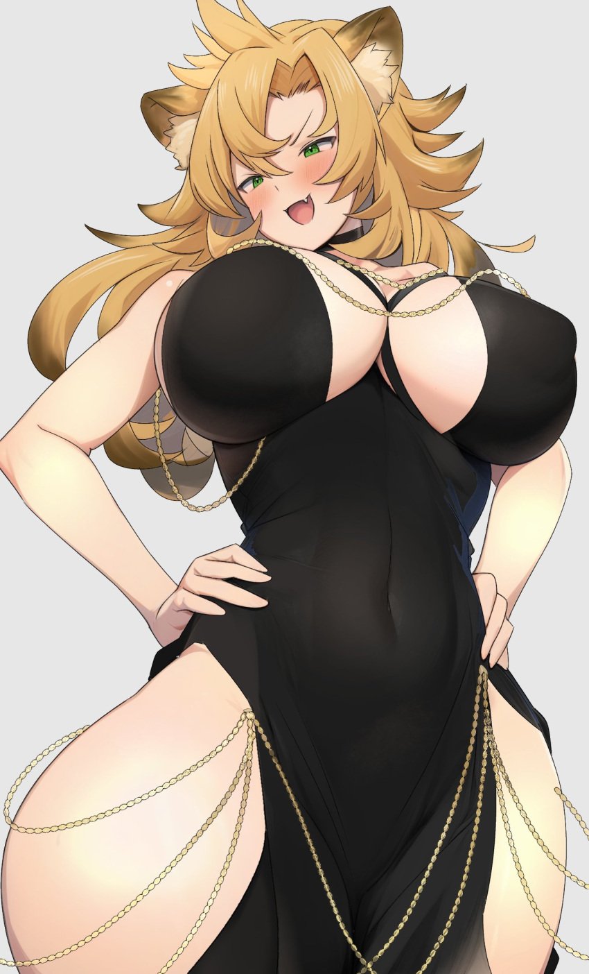 1girls 4riyoyr303zba animal_ears blonde_hair blush breasts clothed clothing cute_fang dress female female_only green_eyes huge_breasts hyena_ears hyena_girl idol-en idol_corp light-skinned_female light_skin oerba_yun_fang open_mouth solo virtual_youtuber yena_youngblood