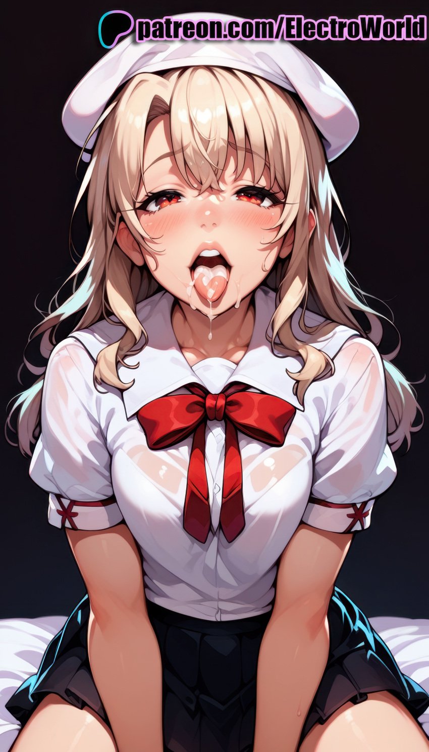 1girls after_fellatio after_oral after_sex ai_generated blonde_hair blush breasts clavicle cumshot curvaceous curvy curvy_body curvy_female electroworld eyelashes facial fate fate/stay_night fate_(series) female female female_only highres illyasviel_von_einzbern lips open_mouth red_eyes saliva seductive seductive_look seductive_pose semen semen_in_mouth semen_on_body semen_on_breasts semen_on_tongue shiny_skin simple_background solo sperm teeth tongue uncensored voluptuous voluptuous_female