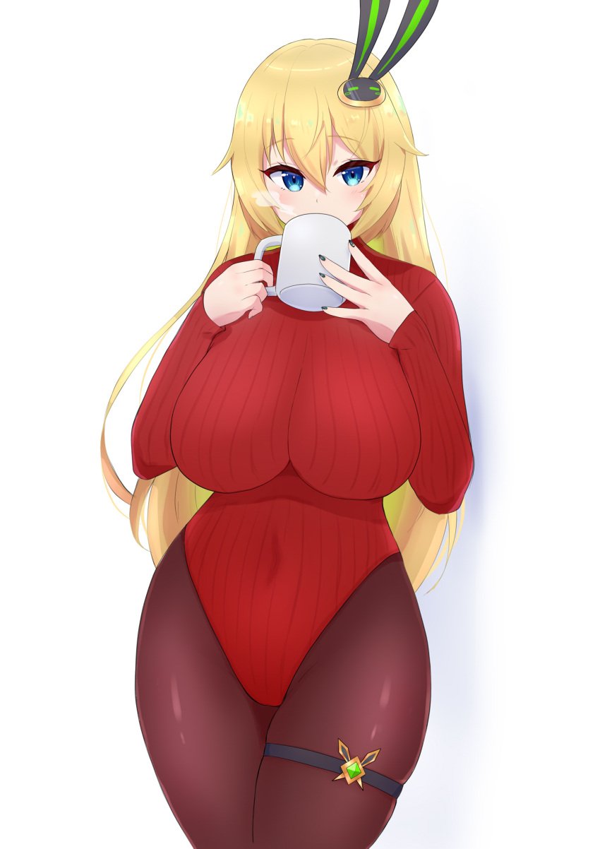 1girls alternate_version_available big_breasts blonde_hair blue_eyes bunny_ears clothed clothing cup facing_viewer fake_bunny_ears female female_focus female_only hair_between_eyes holding_object large_breasts long_hair looking_at_viewer pantyhose simple_background solo subten sweater thick_thighs thigh_strap thighs virtual_youtuber white_background yusano_noma