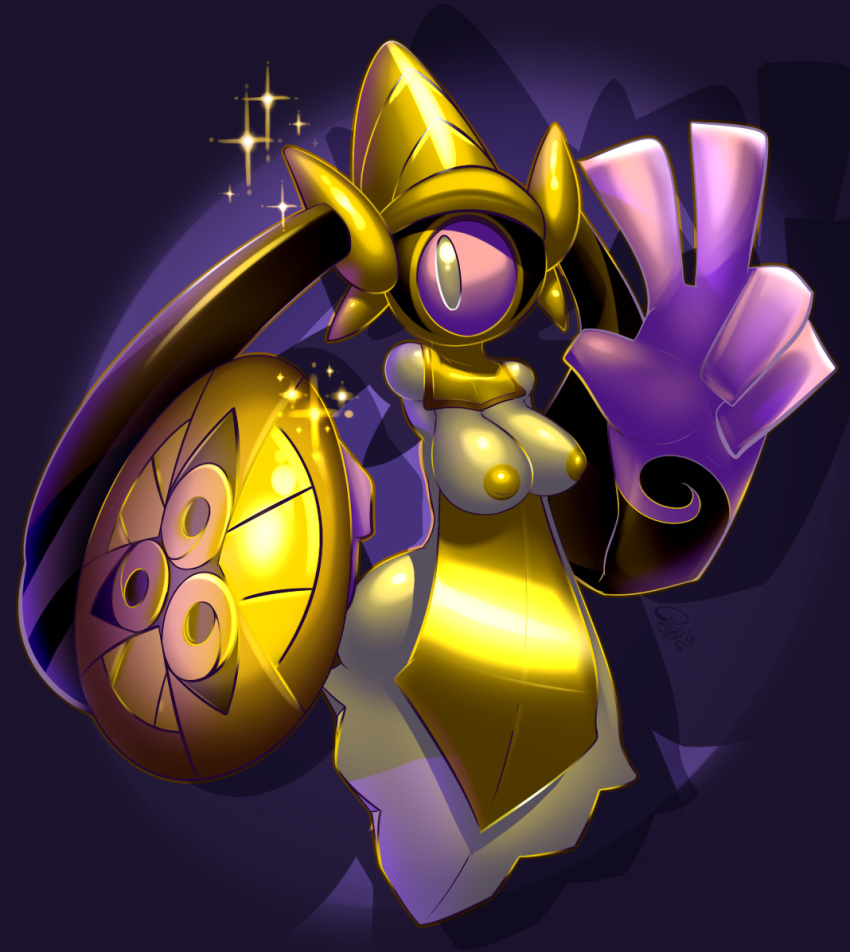 2014 aegislash anthro black_eyes breasts breasts_out elpatrixf female inverted_nipples nintendo nipples one-eyed pokemon pokemon_xy purple_sclera shield solo sparkle sword v weapon