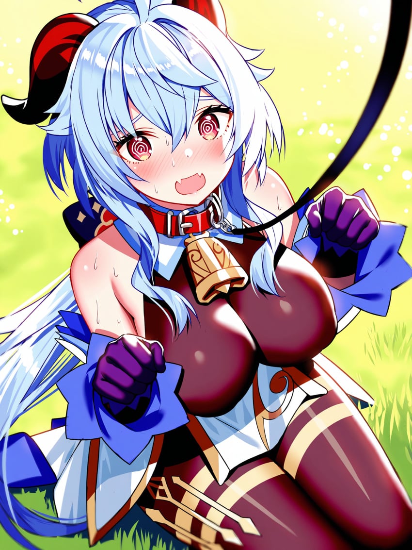 absurd_res ahoge ai_generated bare_shoulders bell blue_hair blush breasts clenched_hands collar cowbell detached_sleeves female ganyu_(genshin_impact) genshin_impact gloves goat_horns grass horns large_breasts leotard long_hair looking_at_viewer ministro neck_bell open_mouth red_collar solo yellow_background