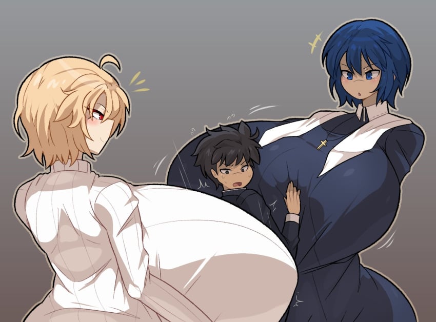 1boy 2girls alternate_breast_size alternate_version_available arcueid_brunestud between_breasts black_hair blonde_hair blue_eyes blue_hair breast_squish breasts_bigger_than_head breasts_bigger_than_torso ciel_(tsukihime) clothed enormous_breasts expansion gigantic_ass gigantic_breasts hourglass_expansion hourglass_figure huge_ass huge_breasts hyper hyper_breasts kumomogi melty_blood pressing_breasts_together red_eyes shocked size_comparison size_difference small_sub_big_dom smaller_male squeezing surprised tohno_shiki top_heavy trapped trapped_in_breasts tsukihime tsukihime_(remake) type-moon vampire vampire_girl