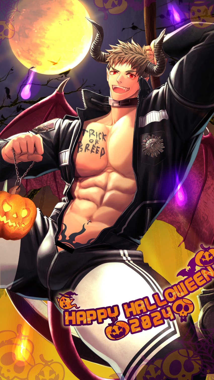 1boy 2024 abs arms_up bara beefy bird brown_hair censor_bar censored choker clothed collar collarbone cosplay coveralls demon_horns demon_tail demon_wings flame full_moon halloween halloween_2024 halloween_costume halloween_decoration happy_halloween hi_res holding_object horn hunk jack-o'-lantern laugh long_tail looking_at_viewer male male_only manly mature_male meisho_hanten muscles muscular muscular_male navel navel_piercing night open_clothes open_mouth original original_character pecs pierced_belly_button piercing pointless_censoring pointy_ears pumpkin purple_flames red_eyes sharp_teeth short_hair six_pack slit_pupils spread_legs tail tattoo tattoo_on_belly text thick_thighs tough_guy tree v-shaped_eyebrows very_high_resolution wings zipper zipper_down