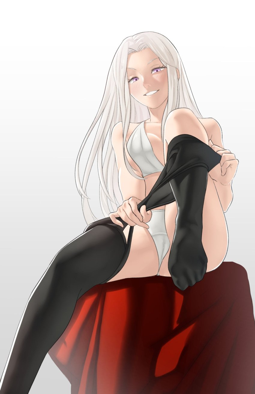 1girls alternate_version_available ass bad_censor bare_legs bare_shoulders bare_thighs black_pantyhose bra breasts cameltoe censored clothes_pull commentary covering edelgard_von_hresvelg english_commentary female female_only fire_emblem fire_emblem:_three_houses grin highres legs long_hair looking_at_viewer medium_breasts meme nintendo panties pantyhose pantyhose_pull pomelomelon post-timeskip purple_eyes sideboob sitting smile solo stripping textless_version thighs twitter_strip_game_(meme) underwear underwear_only undressing very_long_hair white_bra white_hair white_panties