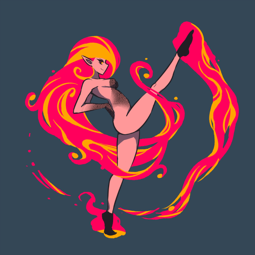 1girls akairiot breasts brenna_(akairiot) casual dancing female fiery_hair fire from_side full_body grey_background hand_on_back humanoid kick kicking leg_up long_hair medium_breasts nude nudist original pale_skin pointy_ears pose posing red_eyes simple_background smile smirk solo yellow_sclera