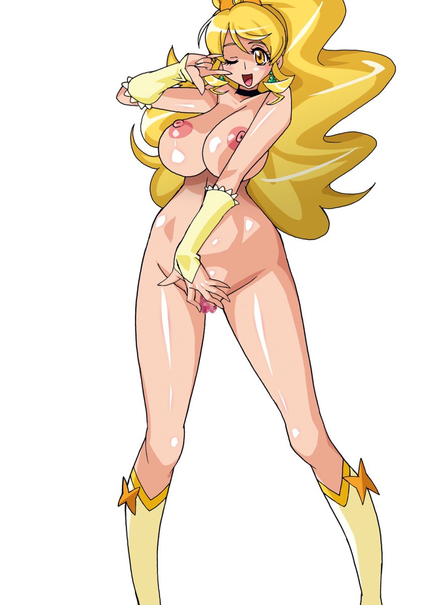 areolae blonde_hair breasts censored cg choker cure_honey curvy earrings female hair_ornament hair_ribbon happinesscharge_precure! highres huge_breasts kneehighs large_breasts long_hair magical_girl masturbation navel nude oomori_yuuko open_mouth precure pretty_cure pussy raisuta ribbon shiny_skin simple_background smile solo standing thigh_gap wavy_hair white_background wide_hips wink yellow_eyes