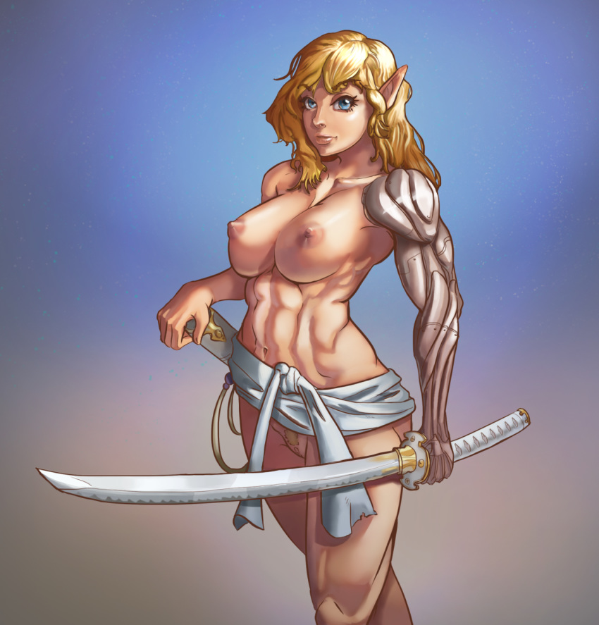 abs blonde_hair blue_eyes breasts chacobo elf female gradient gradient_background katana looking_at_viewer mechanical_arm nipples nude pointy_ears pubic_hair pussy sash shadowrun solo standing sword toned weapon