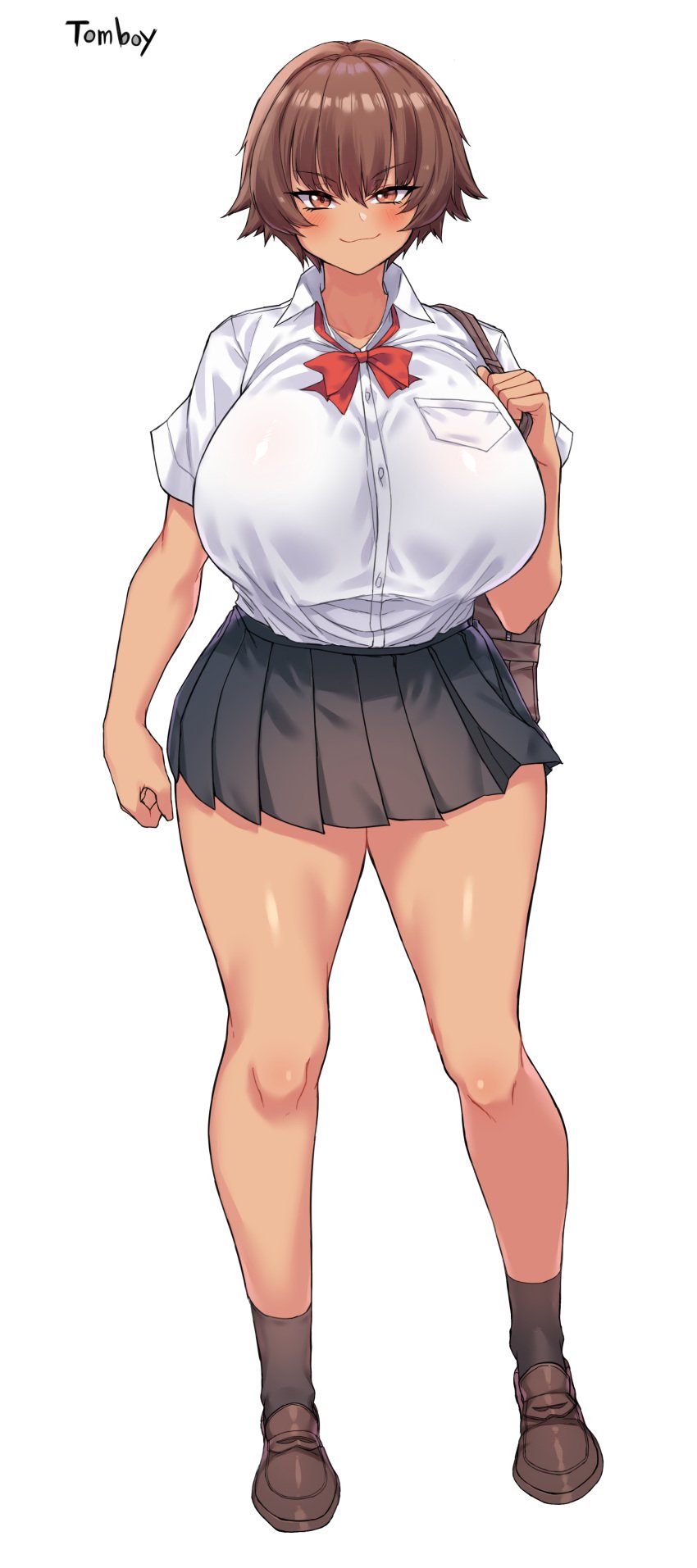 1girl 1girls :3 big_breasts blush breasts_bigger_than_head brown_eyes brown_hair cleanerjay english_text female female_focus female_only full_body huge_breasts human looking_at_viewer microskirt miniskirt original school_uniform short_hair simple_background smirk socks solo solo_female solo_focus standing thick_thighs thighs tomboy white_background