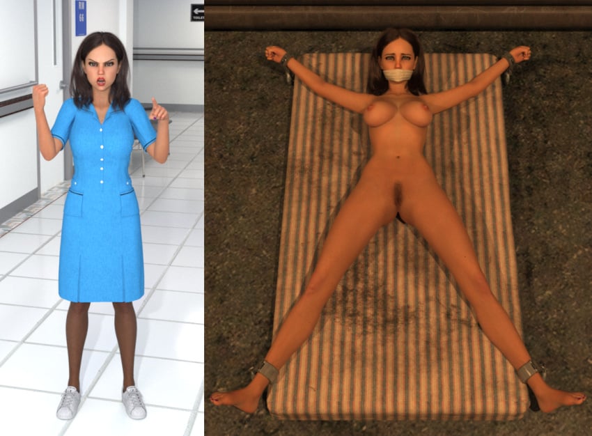 1girls 3d bondage clothed/nude completely_nude female female_only full_body fully_clothed gag gagged getyourclothesoff mattress nude nude_female nurse original solo