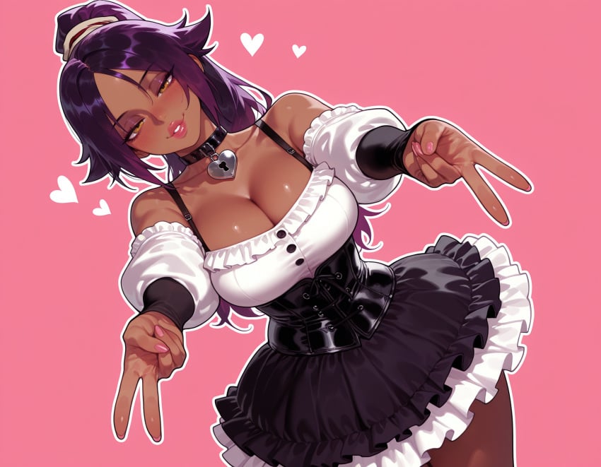 1girls ai_generated alternate_costume balecxi bangs bare_shoulders black_collar bleach bleach:_the_thousand-year_blood_war blush breasts choker cleavage clothing collar collarbone corset cowboy_shot curvaceous curvaceous_female curvaceous_figure curvy curvy_figure dark-skinned_female dark_skin detached_sleeves double_v dress dutch_angle female female_focus fingernails frilled_dress frilled_skirt frills half-closed_eyes heart-shaped_lock inviting inviting_to_sex large_breasts legwear lips lock long_hair long_sleeves looking_at_viewer mature_female pantyhose parted_bangs parted_lips pink_background pink_nails ponytail presenting presenting_ass presenting_breasts presenting_hindquarters presenting_self purple_hair seductive seductive_look seductive_smile shihouin_yoruichi simple_background skirt smile solo v voluptuous voluptuous_female white_outline yellow_eyes