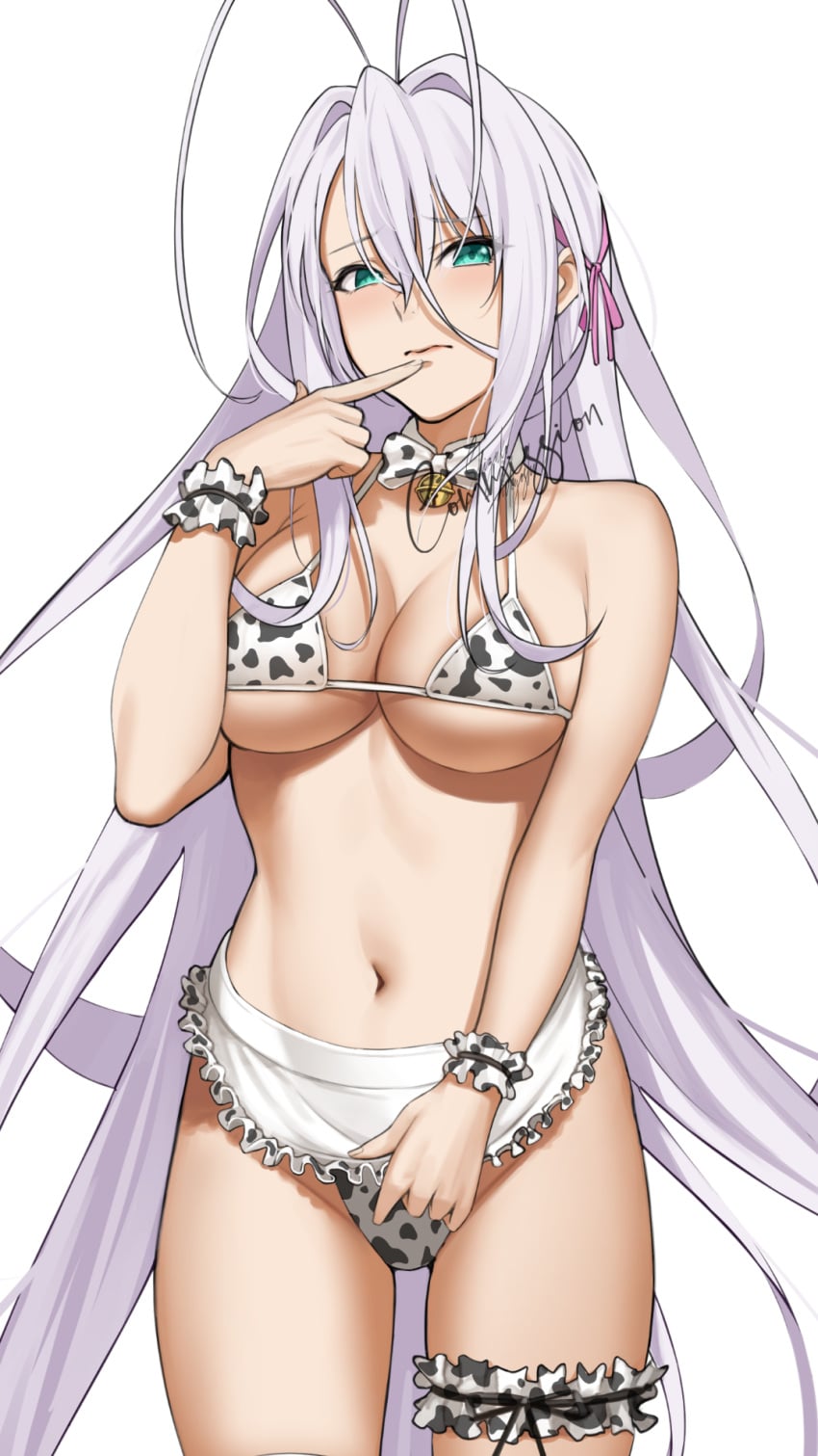 animal_print antenna_hair apron apron_lift aqua_eyes bell big_breasts bikini bow bowtie breasts cleavage closed_mouth clothes_lift commentary commission cow_print cow_print_bikini english_commentary female female_only finger_to_mouth frilled_apron frilled_thigh_strap frills fur_collar furrowed_brow green_eyes groin hair_between_eyes hair_ribbon hand_up high_school_dxd highres jingle_bell large_breasts lifting_own_clothes long_bangs long_hair mixed-language_commentary navel neck_bell pink_ribbon print_bikini print_bow print_bowtie ribbon rossweisse scrunchie shizuko_hideyoshi shy signature simple_background solo stomach swimsuit thigh_strap underboob very_long_hair wavy_mouth white_apron white_background white_hair wrist_scrunchie