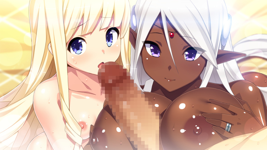 2girls bangs blonde_hair blue_eyes blunt_bangs blurry breast_squeeze breasts censored dark-skinned_female dark_elf dark_skin deep_skin depth_of_field elf ellelecia fellatio female firia_di_myuruphon game_cg hair_ornament huge_breasts jewelry large_breasts light_smile long_hair looking_at_viewer ma-ko_hunter male mosaic_censoring multiple_females munashi_mujou nude oral paizuri penis pointy_ears purple_eyes ring shiny shiny_skin small_breasts smile straight sweat swept_bangs tareme teamwork tsurime very_long_hair white_hair