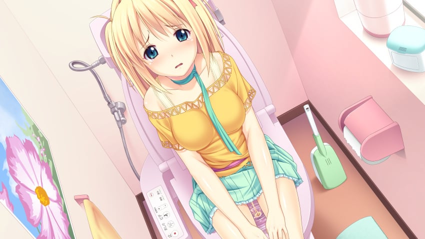 blonde_hair blue_eyes female game_cg highres kagurazaka_namine koutaro long_hair open_mouth peeing sitting tears toilet toilet_use tropical_vacation twinkle_soft