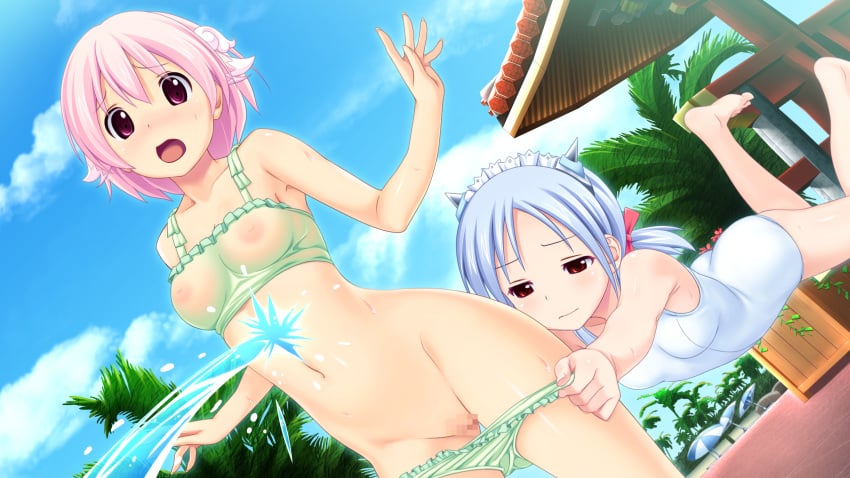 2girls barefoot blue_hair censored clean_one_(tropical_vacation) game_cg highres koutaro mosaic_censoring multiple_girls navel one-piece_swimsuit open_mouth pink_hair pussy red_eyes red_hair short_hair swimsuit takara_ichiko tropical_vacation twinkle_soft