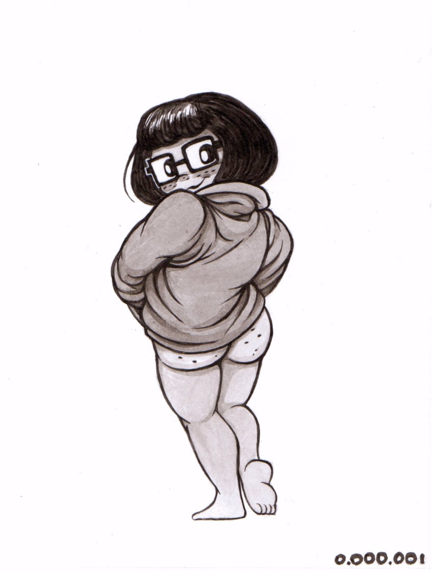 1girls ass back back_view barefoot bottomless female freckles glasses hanna-barbera lttp monochrome scooby-doo short_hair sketch solo sweater velma_dinkley