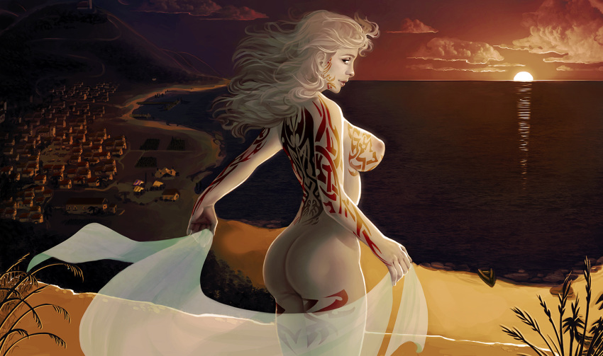 ass bad_hentai_foundry_id beach breasts female landscape large_breasts long_hair nipples nude original original_character outdoor pale_skin privatepomegranate shune_(ferrin) solo source_request standing sunset tattoo white_hair