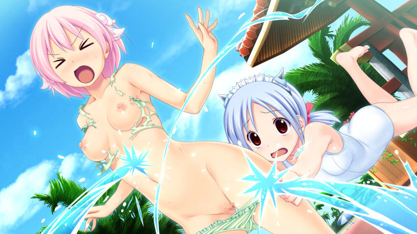 >_< 2girls areolae barefoot blue_hair breasts censored clean_one_(tropical_vacation) closed_eyes game_cg highres koutaro mosaic_censoring multiple_girls navel nipples one-piece_swimsuit open_mouth pink_hair pussy red_eyes red_hair short_hair swimsuit takara_ichiko tropical_vacation twinkle_soft