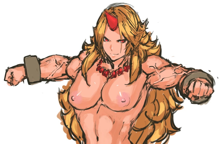 blonde_hair breasts clenched_hand cuffs drawn female highres horn hoshiguma_yuugi jewelry large_breasts long_hair looking_at_viewer muscle muscular_female nameo_(judgemasterkou) navel necklace nipples nude outstretched_arms red_eyes shackles sketch smirk solo spread_arms touhou veins