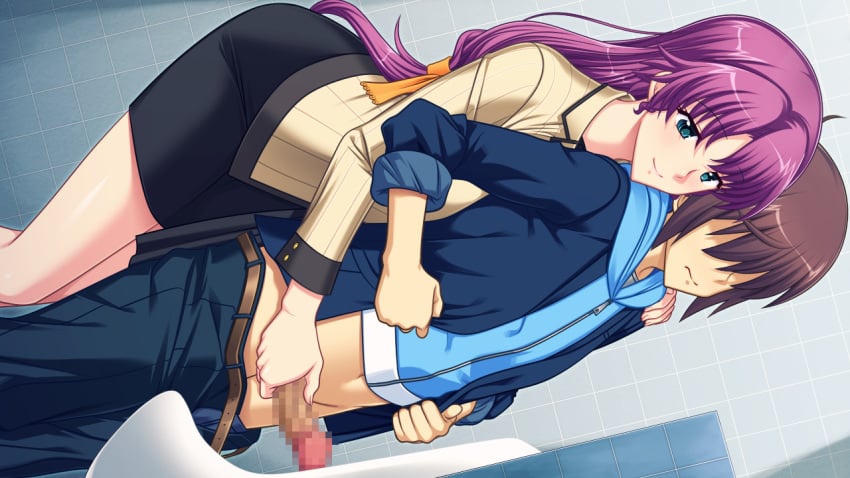 bathroom belt black_skirt blue_eyes breast_press breasts brown_hair censored female game_cg handjob highres leaning_forward legs long_hair looking_away navel penis pink_hair reach_around saiminbo short_hair skirt smile standing sumeragi_yuusuke teacher_and_student thighs unzipped urinal zipper