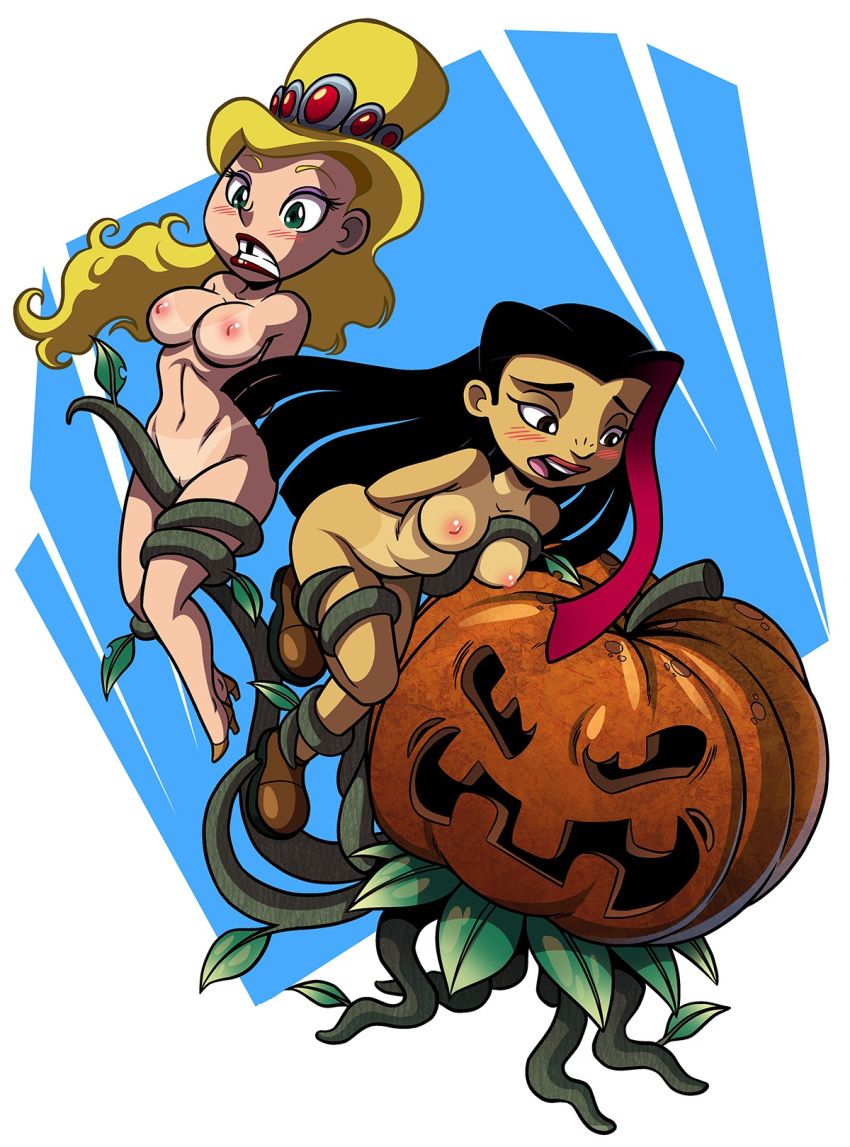 2girls asian black_hair blonde_hair blush breasts brown_eyes cartoon_network eris_(billy_and_mandy) eyeshadow female goddess green_eyes human juniper_lee legs_together lipstick long_hair makeup multiple_girls nipples nude open_mouth pumpkin pussy restrained spread_legs tan_lines tentacles the_grim_adventures_of_billy_and_mandy the_life_and_times_of_juniper_lee wide_eyed wide_hips