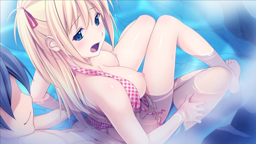 1boy areolae bikini blonde_hair blue_eyes blush breasts female game_cg hair_ribbon kagurazaka_namine koutaro long_hair male nipples open_clothes open_mouth puffy_nipples saliva sex sitting straddling straight swimsuit tropical_vacation twinkle_soft water