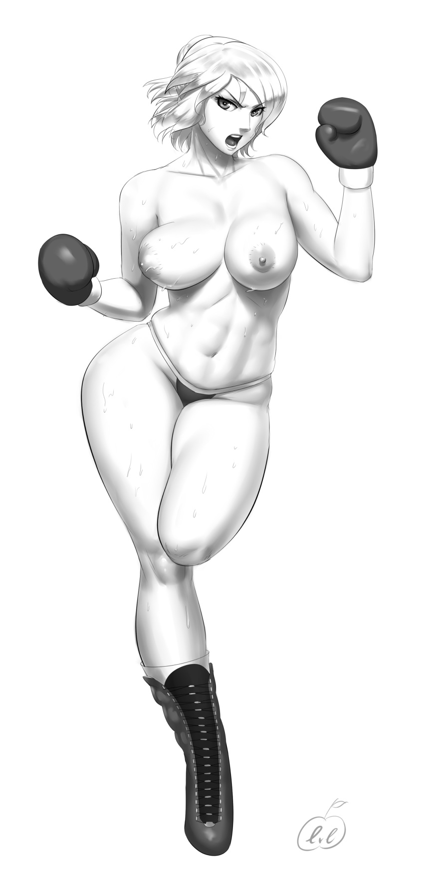 1girls boots boxing boxing_gloves breasts female female_only gloves human human_only large_breasts looking_at_viewer lvl monochrome mostly_nude navel nipples open_mouth panties shoes short_hair standing sweat thick thick_hips thick_thighs thong white_background wide_hips