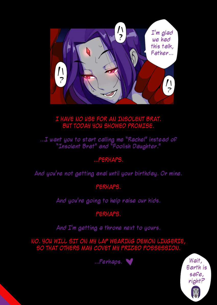 1boy 1girls comic cuddling dc_comics dialogue edit father_and_daughter flirting glowing_eyes goth hand_on_shoulder incest nisego purple_hair rachel_roth raven_(dc) red_skin romantic romantic_couple sweat teen_titans trigon