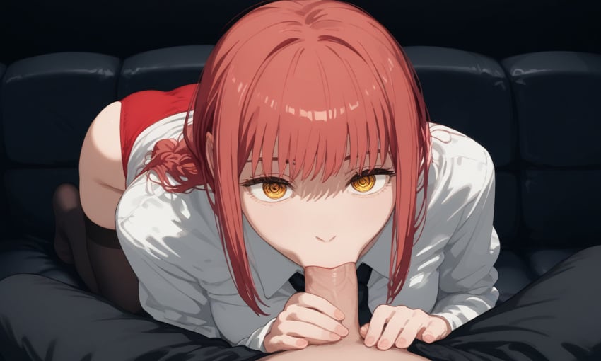 ai_generated blowjob braid chainsaw_man eye_contact high_thighs looking_at_viewer makima_(chainsaw_man) movie_theater panties pov red_hair stockings underwear yellow_eyes