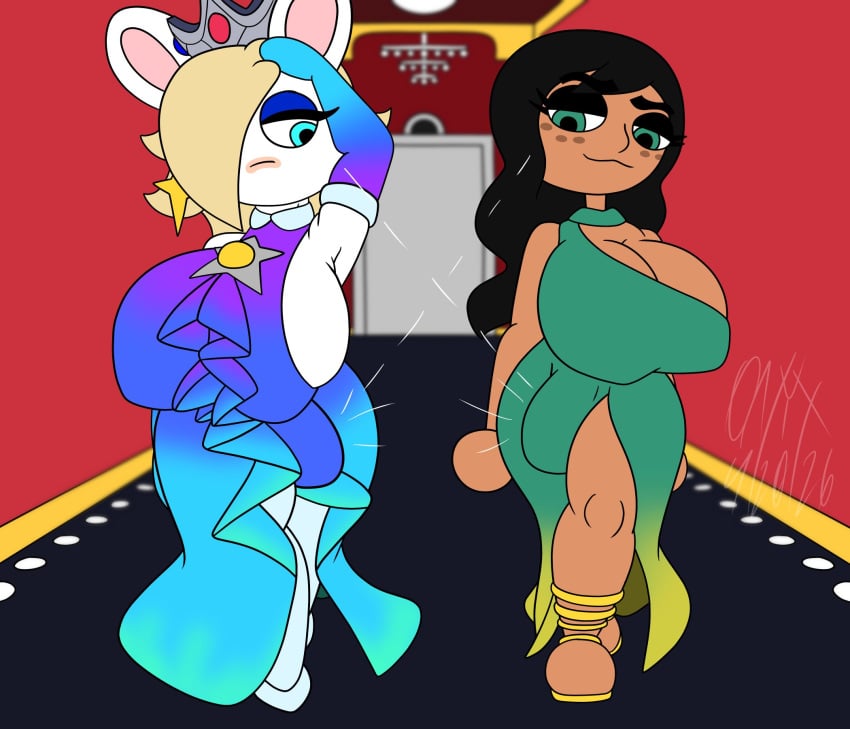 2d 2d_(artwork) 2female 2females 2futas 2girls afterparty animal_ears apathetic arm_on_head arm_up artist_name artist_signature background big_breasts big_ears black_hair blue_dress blue_eyes blue_eyeshadow blurry_background breasts bulge bulge_focus bulge_through_clothing bulge_under_clothes cleavage clothed clothes clothing color colored colored_background crown curvy curvy_female curvy_figure curvy_hips dark-skinned_futa dark_skin detached_sleeves detailed_background digital_art digital_drawing digital_drawing_(artwork) digital_media digital_media_(artwork) dress dress_bulge dress_shoes ear_piercing earrings eyebrow_raise eyebrows_raised eyelashes eyeshadow footwear freckles freckles_on_face fur futa futa_focus futa_on_futa futa_only futa_with_futa futanari gift_art gloom_(expression) gradient_clothes green_dress green_eyes hair hair_covering_eye hair_covering_one_eye hallway imminent_sex indoors latina light_blue_eyes lighting long_eyelashes long_hair looking_at_another looking_at_bulge looking_at_each_other looking_at_penis looking_down looking_down_at_penis mario_+_rabbids mario_+_rabbids:_sparks_of_hope mii multiple_futa narrowed_eyes nintendo obscured_genitals obscured_penis onyx_twilight original_character purple_dress rabbid rabbid_rosalina rabbit_ears revealing_clothes seductive_look setaishia_(onyx_twilight) short_hair shortstack side_by_side sideboob simple_background sleeves smug smug_expression tanned tanned_female tanned_skin thick_thighs thighs vip_area walking white_fur white_shoes yellow_dress yellow_shoes
