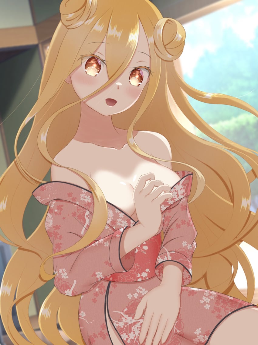 2d 2d_(artwork) blonde_hair blush breasts cleavage date_a_live female_only hoshimiya_mukuro kimono light-skinned_female long_hair looking_at_viewer no_bra open_clothes sole_female solo thighs yellow_eyes