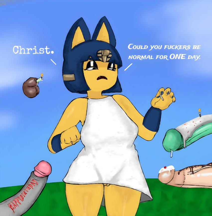 absurd_res animal_crossing ankha_(animal_crossing) anthro big_penis birthday blue_hair bodily_fluids bottomless candle candy canid canine caption captions chocolate chocolate_sauce circumcised circumcision_scar clothed clothing dairy_products dessert digby_(animal_crossing) disembodied_penis disgust disgusted_face dress felid feline female food food_fetish food_play foreskin frosting fruit fur genital_fluids genital_scar genitals group hair hi_res human jojispoon44 lagomorph leporid male male/female mammal micropenis multiple_boys multiple_penises nails nintendo no_underwear outside partially_clothed penetration penis plant precum profanity pussy rabbit raymond_(animal_crossing) sasha_(animal_crossing) scar small_penis sprinkles urethral urethral_penetration villager_(animal_crossing) whipped_cream yellow_body yellow_fur