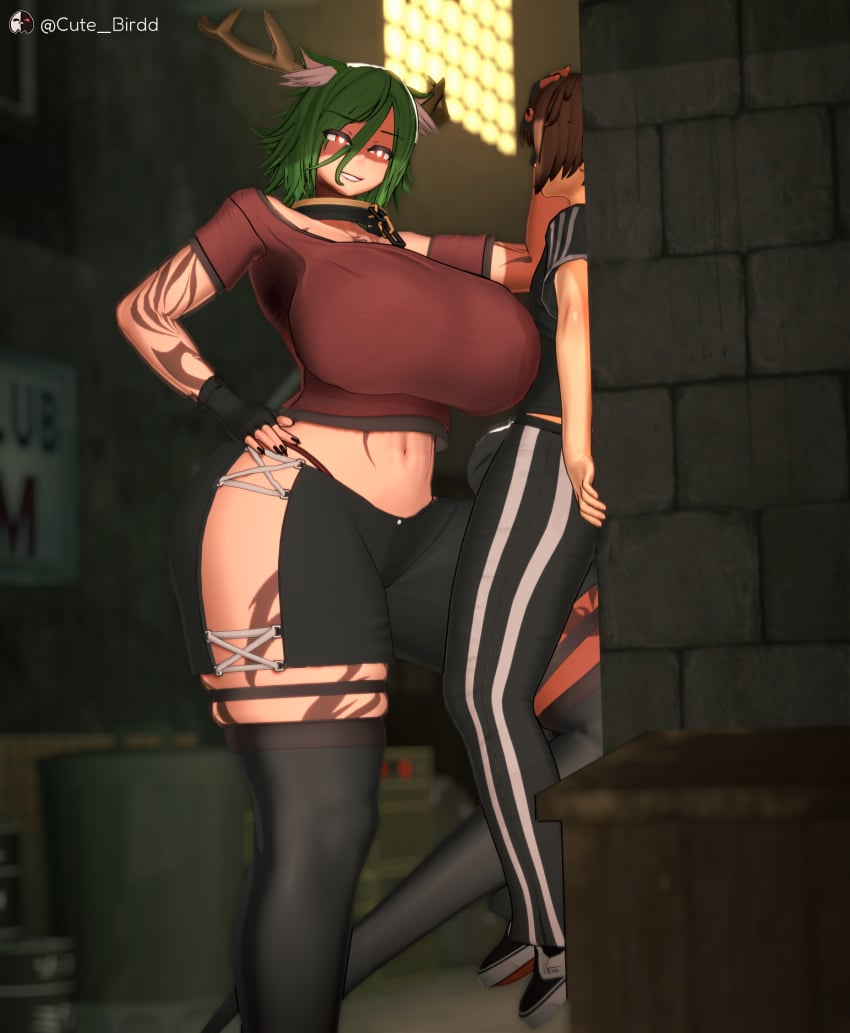 1boy 1girls 3d 3d_(artwork) alley antlers big_breasts big_dom_small_sub breasts breasts_bigger_than_head bulge clothed cute_birdd dominant_female faceless_male female female_focus glowing_eyes green_hair hag hand_on_head height_difference huge_breasts koikatsu lifted milf older_female outside pinned pinned_to_wall red_eyes size_difference smaller_male submissive_male tagme taller_female tattoo thick_thighs thighs voluptuous voluptuous_female wide_hips younger_male