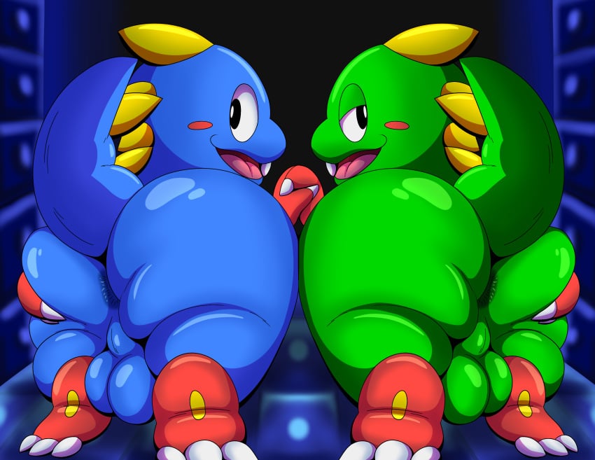 absurd_res anthro anus ass balls big_butt bob_(bubble_bobble) bub_(bubble_bobble) bubble_bobble butt_grab butt_squish dragon duo female female/female genitals hand_on_butt hi_res looking_at_viewer looking_back mythological_creature mythological_scalie mythology perineum raised_tail scalie spikes square_enix squish tail taito tepigfan101