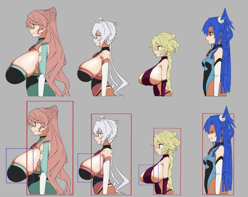 4girls angry bare_shoulders barely_contained big_breasts blonde_hair blue_eyes bodysuit braid braided_ponytail breast_size_difference breasts breasts_bigger_than_head bursting_breasts busty carol_malus_dienheim closed_eyes gigantic_breasts green_eyes grey_background height_difference hitbox huge_breasts kazanari_tsubasa large_breasts lavender_hair leotard long_hair maria_cadenzavna_eve pained_expression pink_eyes pink_hair senki_zesshou_symphogear shaded_face shin_deadball_iwata side_ponytail side_view sideboob simple_background small_breasts thick_thighs tied_hair twintails yukine_chris