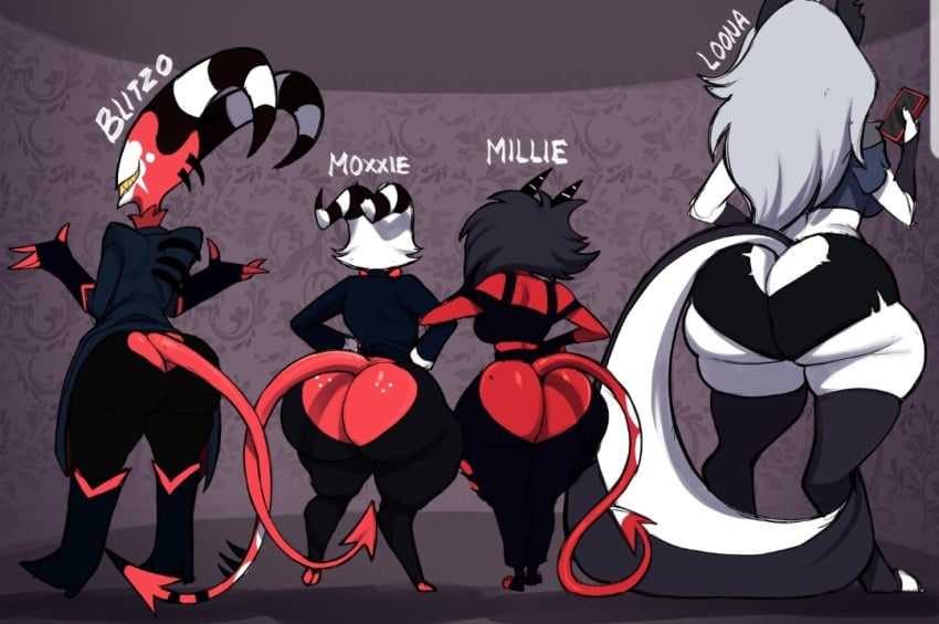 anthro ass ass_chart ass_comparison ass_size_chart big_ass blackwhiplash blitzo_(helluva_boss) demon_tail femboy helluva_boss horns huge_ass loona_(helluva_boss) millie_(helluva_boss) moxxie_(helluva_boss) red_skin