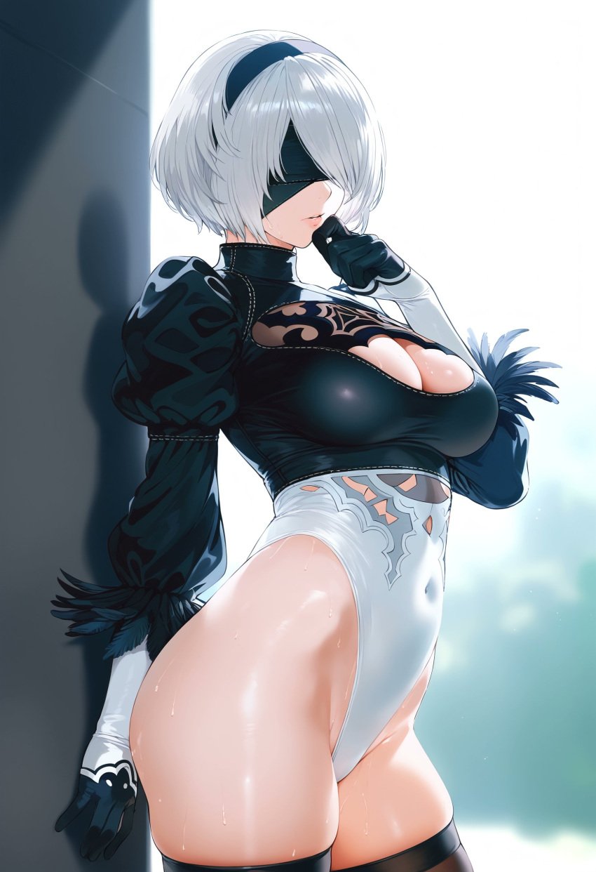 1girls against_wall ai_generated big_breasts blindfold breasts busty child_bearing_hips cleavage cleavage_cutout covered_navel curvy female female_only gloves hand_on_chin hand_on_own_chin hi_res large_breasts legs leotard nier nier:_automata parted_lips pink_lipstick pose posing sensual short_hair solo sweat thick_thighs thighs voluptuous white_hair wide_hips yorha_2b