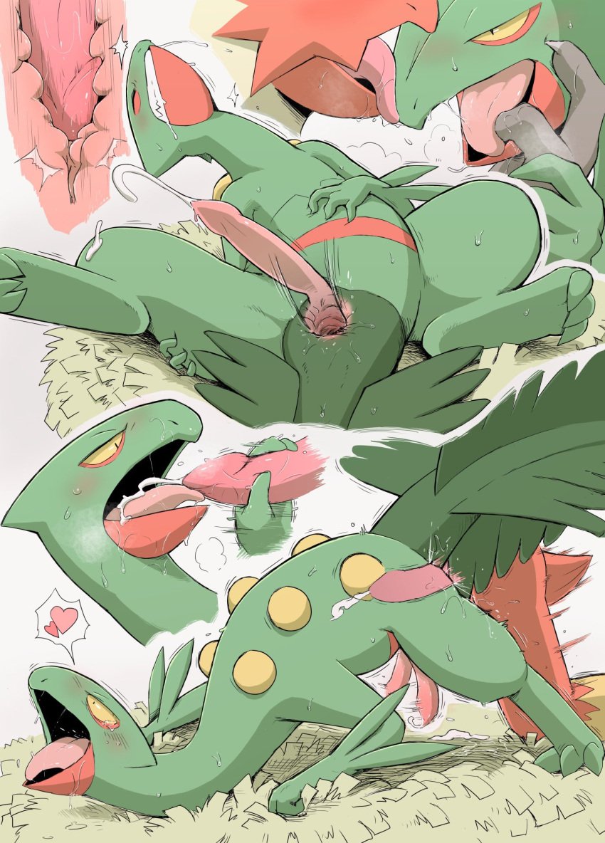 anal anal_sex blaziken blush bodily_fluids cum erection feral generation_3_pokemon genital_fluids genitals green_body heart_symbol hi_res male male/male male_penetrated male_penetrating male_penetrating_male nintendo nude penetration penis pokemon pokemon_(species) red_body sceptile sex tongue yamatokuroko965