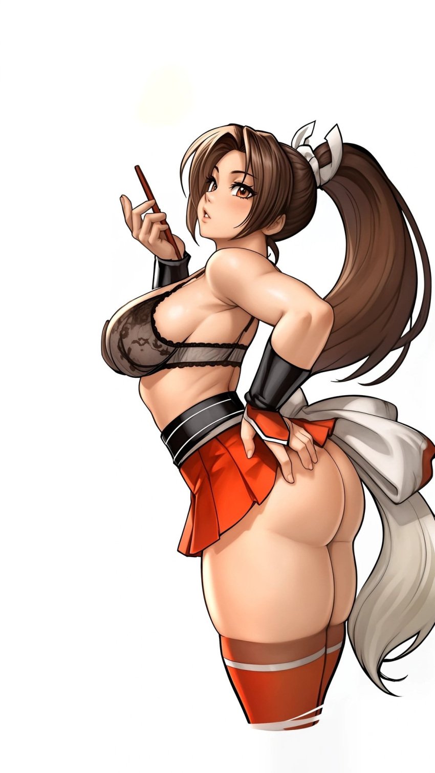 1girls ass ass_grab big_ass big_butt blush blushing booty brown_eyes brown_hair clothed exposed_ass fat_ass from_behind gloves grabbing_ass hair_ornament hand_on_ass hand_on_butt human king_of_fighters legwear light-skinned_female light_skin long_hair looking_at_viewer mai_shiranui orange_clothing orange_skirt showing_ass simple_background skirt skirt_lift skirt_up socks solo tail thick thick_ass thick_thighs thighhighs thighs tied_hair topwear white_background