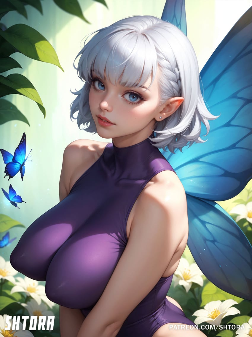 ai_generated animegirl blue_eyes breasts cute fairy fantasy female hi_res huge_breasts leotard oc original pointy_breasts short_hair shtora torpedo_breasts white_hair wings