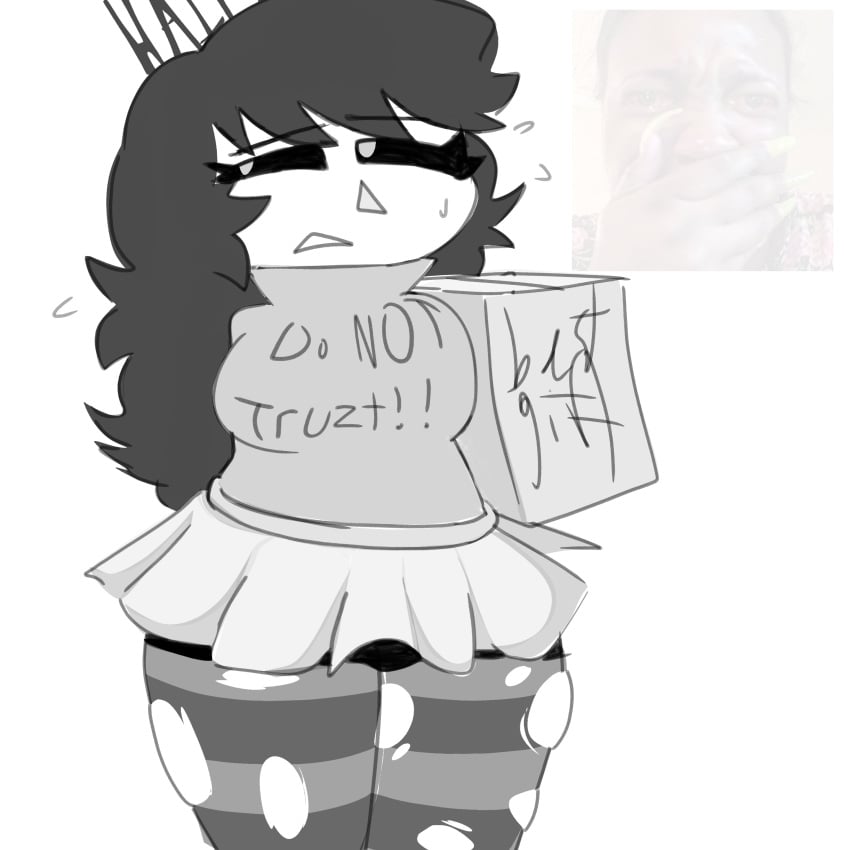 1female 1girls armless baldi's_basics_in_education_and_learning big_breasts black_hair black_sclera black_shorts box breast_squish breasts chubby do_you_accept fluffy_hair flying_sweatdrops garretts_funny_animal_game! genderswap_(mtf) grayscale holding_object holes_in_clothes looking_to_the_side monochrome no_arms ruffled_skirt rule_63 shorts shorts_under_skirt skirt sweat text_on_shirt thick_legs thick_thighs tights triangle_nose